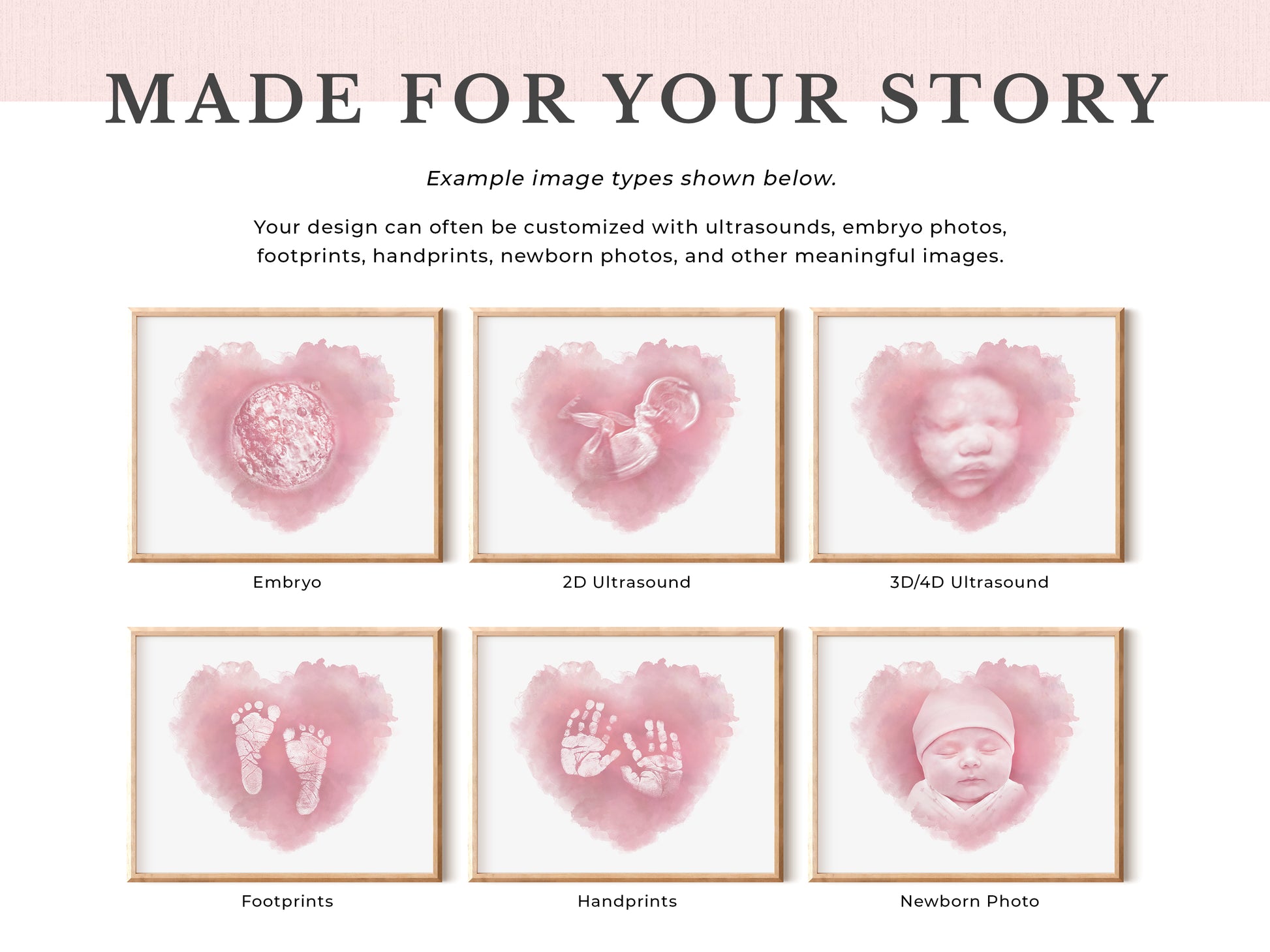 Custom watercolor baby keepsake art from embryo photos, IVF embryos, ultrasound images, baby footprints, handprints, and newborn photos. Personalized memorial and nursery artwork by Abide and Grace.