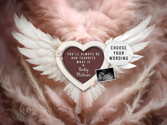 Pink feathers baby loss announcement with angel wings for miscarriage or infant loss

