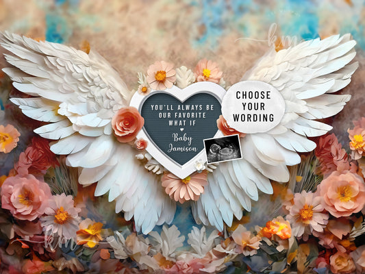 Personalized baby loss announcement with angel wings, pink flowers and ultrasound


