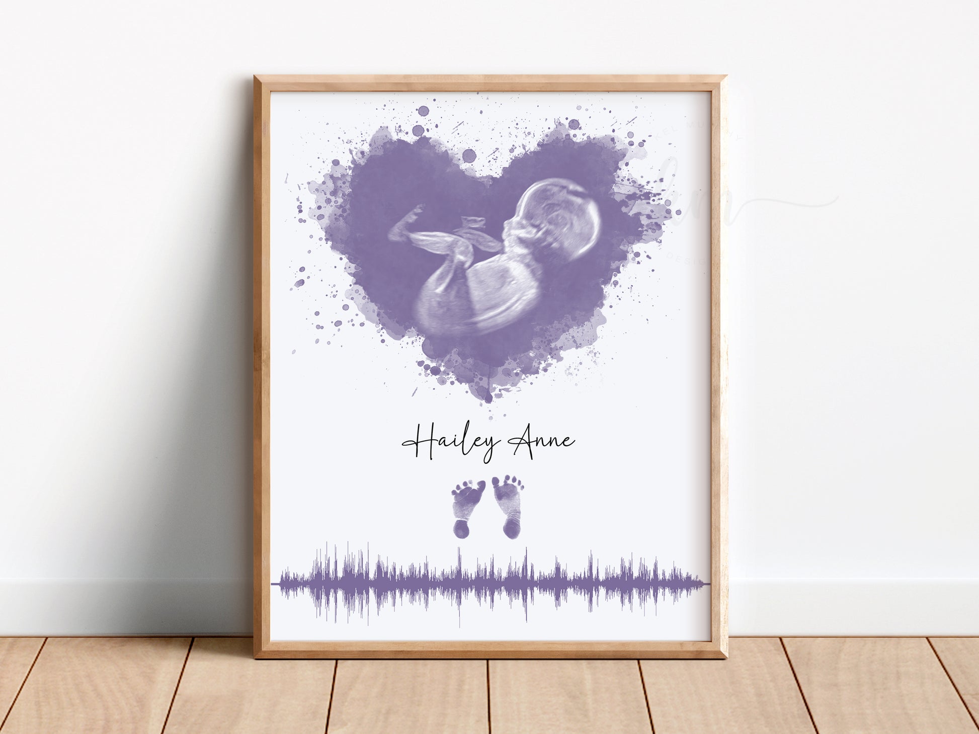 Watercolor ultrasound keepsake with heartbeat and footprints, baby loss memorial

