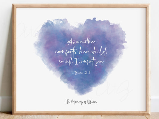 watercolor heart scripture art with Isaiah 66:13 for baby loss memorial and grief gift
