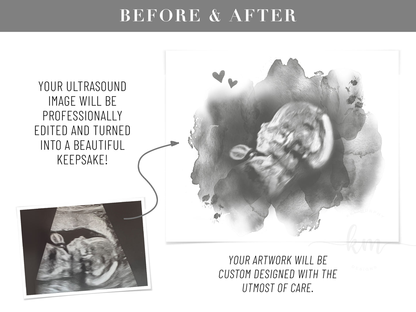 Guestbook alternative with ultrasound design created for baby shower keepsake - before and after


