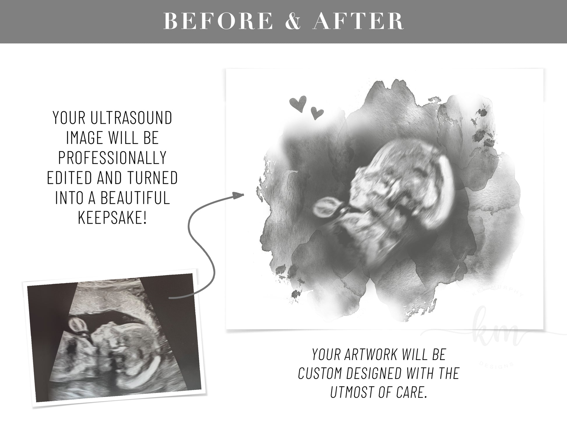 Guestbook alternative with ultrasound design created for baby shower keepsake - before and after


