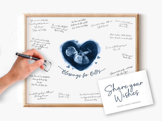 Baby Shower Guestbook Art with Hearts Watercolor Ultrasound