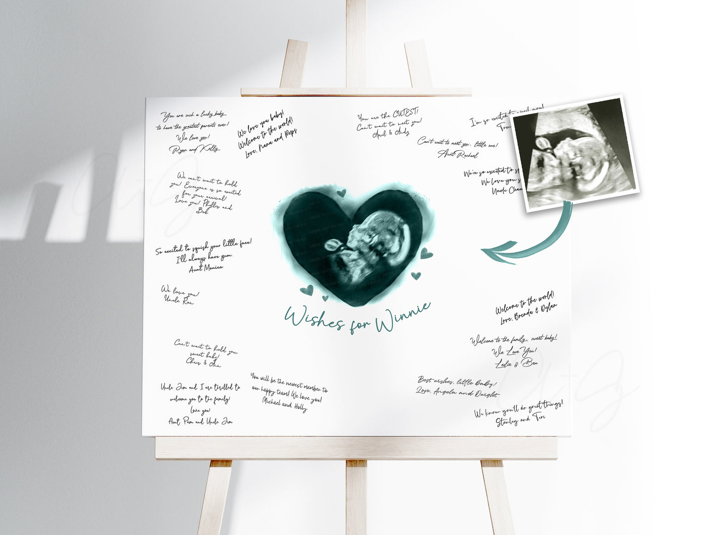 Baby Shower Guestbook Art with Hearts Watercolor Ultrasound