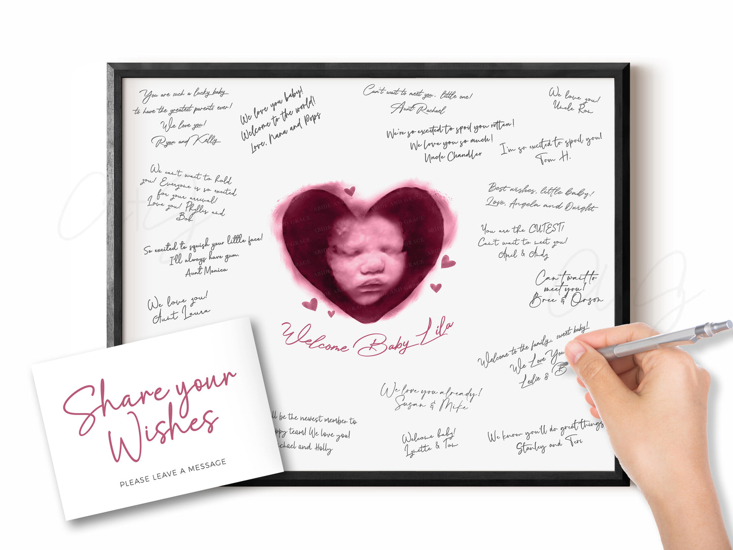 Baby Shower Guestbook Art with Hearts Watercolor Ultrasound