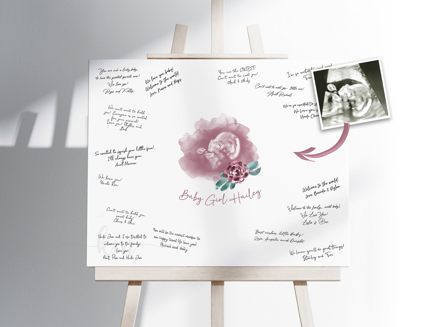 Baby Shower Guestbook Art with Purple Flower Watercolor Ultrasound