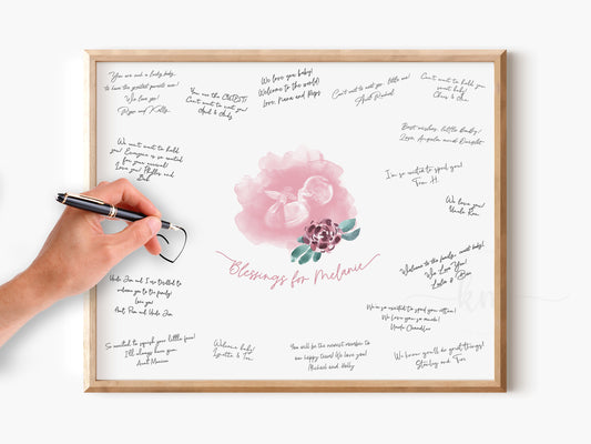 Baby Shower Guestbook Art with Purple Flower Watercolor Ultrasound