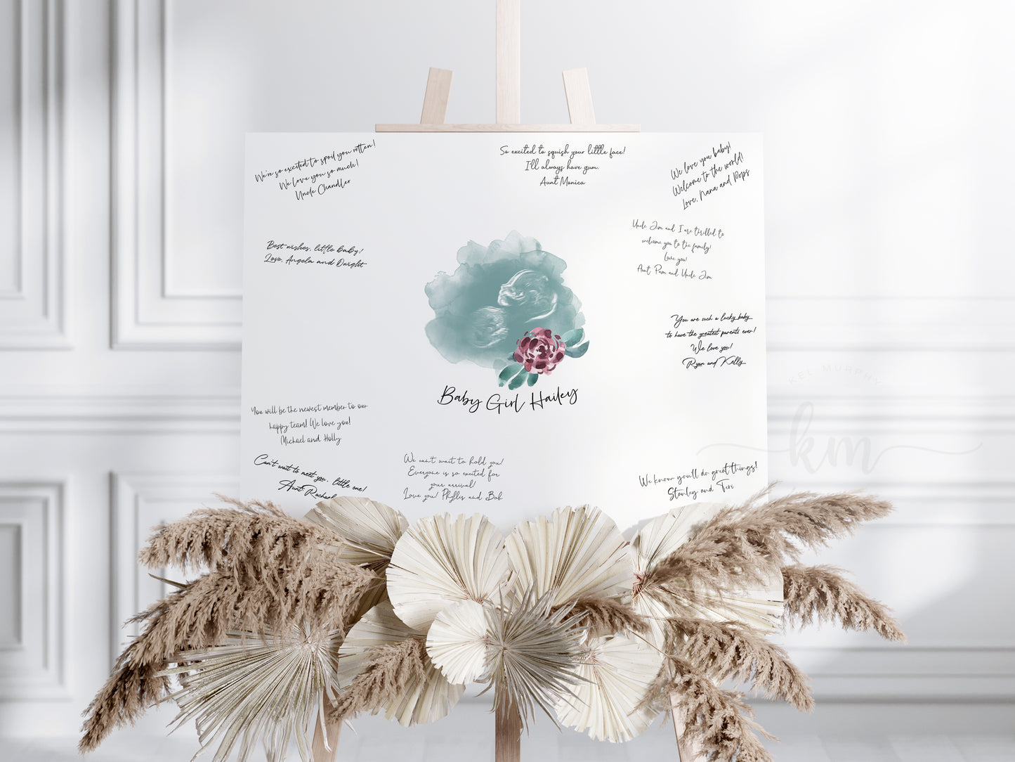 Baby Shower Guestbook Art with Purple Flower Watercolor Ultrasound