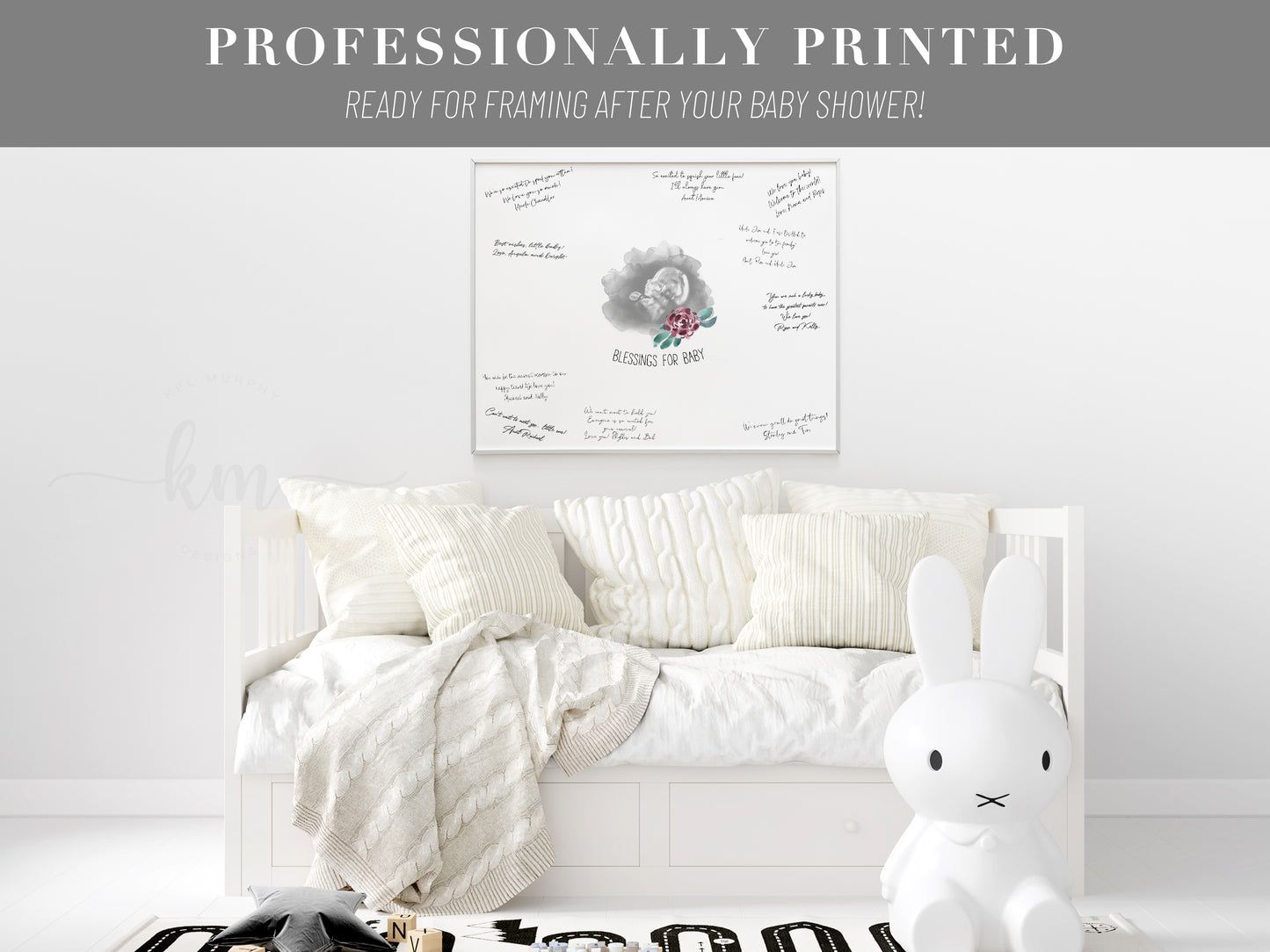 Baby Shower Guestbook Art with Purple Flower Watercolor Ultrasound