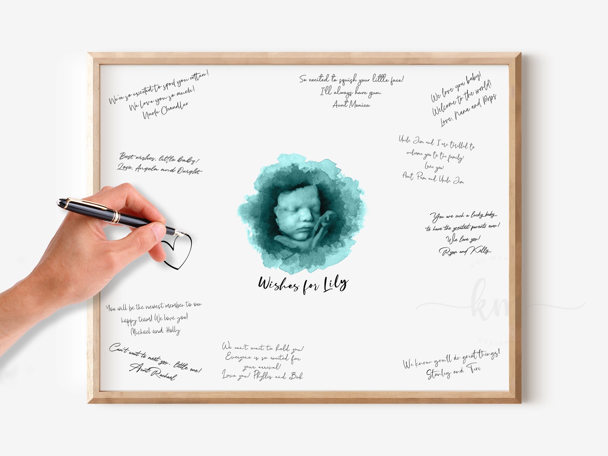 Watercolor guestbook print with baby’s ultrasound and signature space

