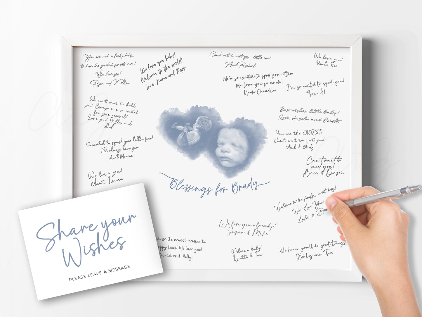 Baby Shower Guestbook Art with Two Hearts Watercolor Ultrasound