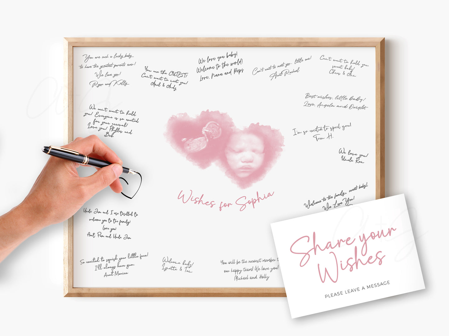 Baby Shower Guestbook Art with Two Hearts Watercolor Ultrasound