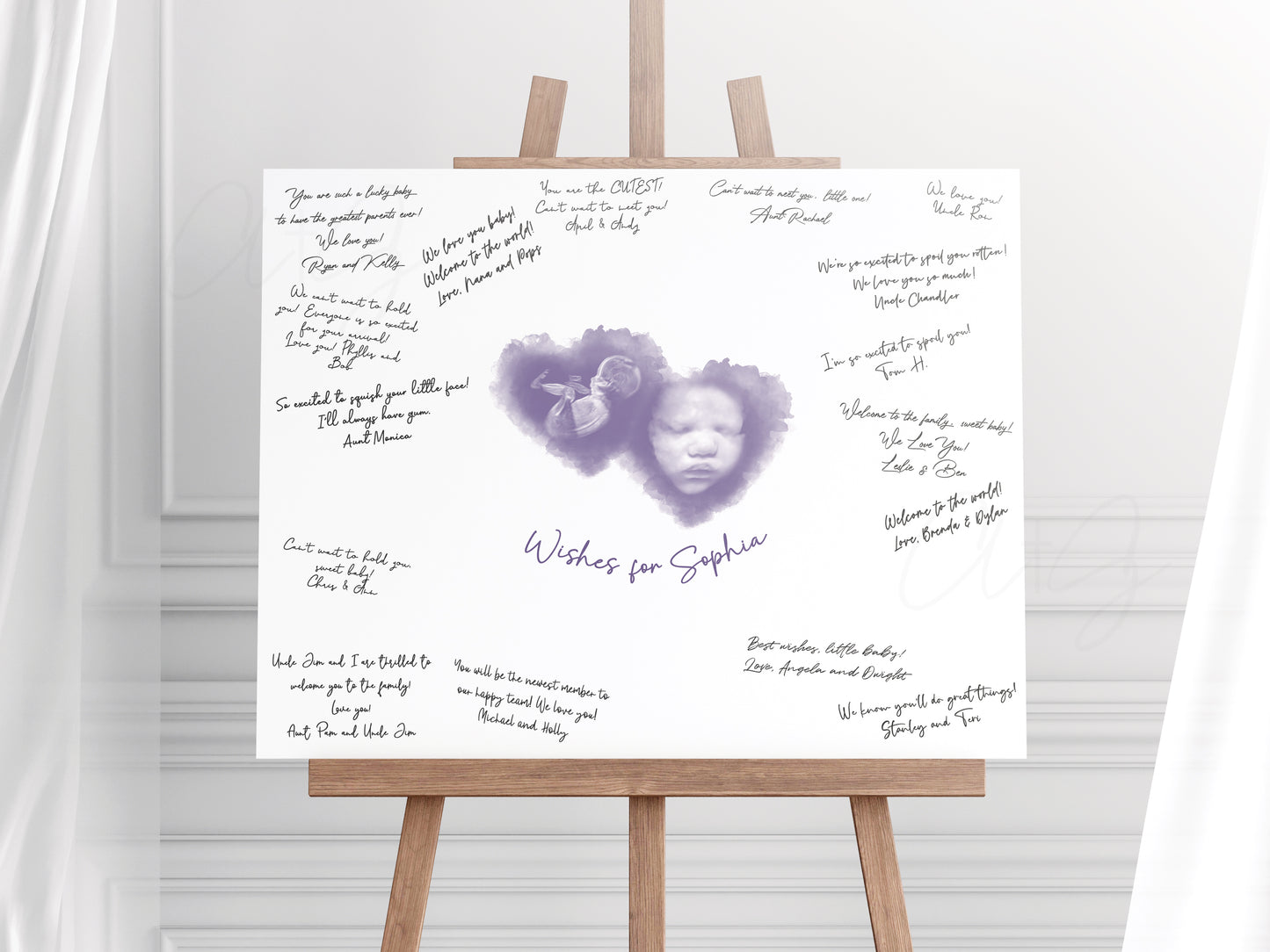 Baby Shower Guestbook Art with Two Hearts Watercolor Ultrasound