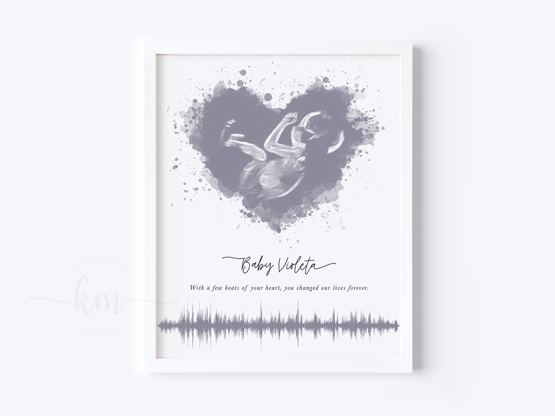Ultrasound art in a splatter heart design with baby’s heartbeat for miscarriage or baby shower gift

