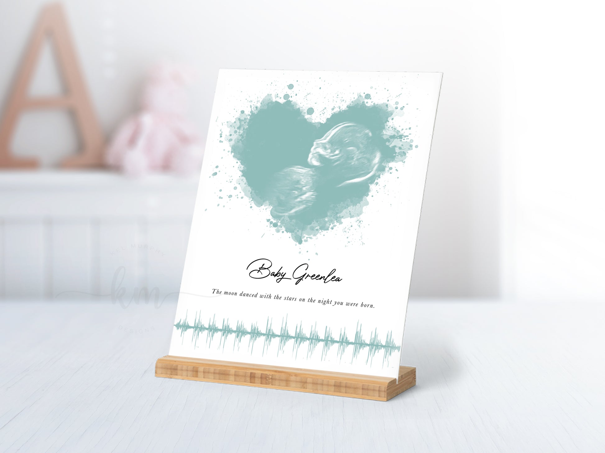 Baby shower or memorial gift with ultrasound art and heartbeat in a modern keepsake style

