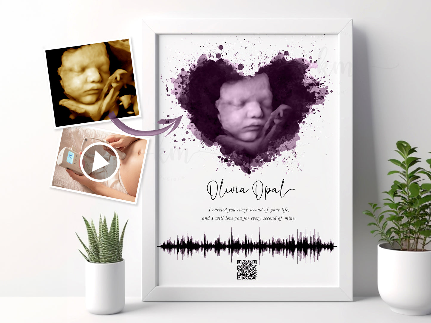 Splatter Heart Ultrasound Art with Baby Heartbeat & QR Code