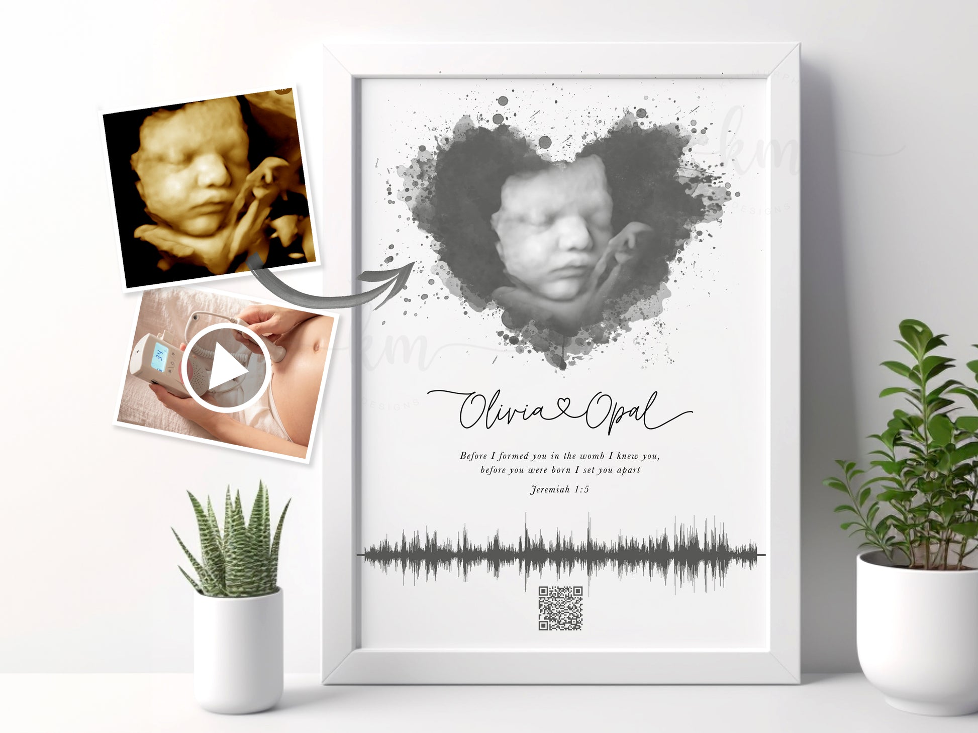 Custom watercolor ultrasound art with heartbeat soundwave and QR code

