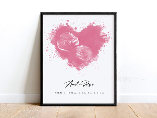 Custom splatter heart ultrasound art with baby's name – baby loss or baby shower gift

