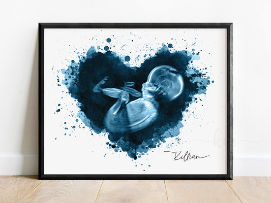 Splatter heart watercolor ultrasound art for baby loss or baby shower gift

