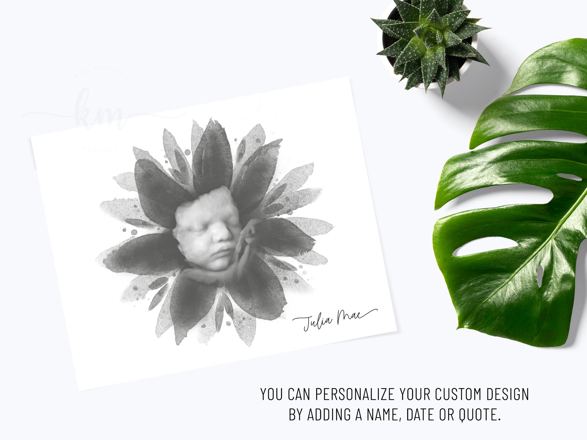 Floral ultrasound print from 3D sonogram – personalized with name or Bible verse

