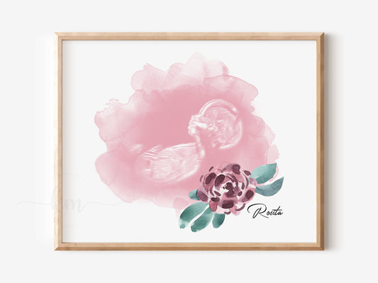 Flower watercolor ultrasound art for baby loss memorial or baby shower gift

