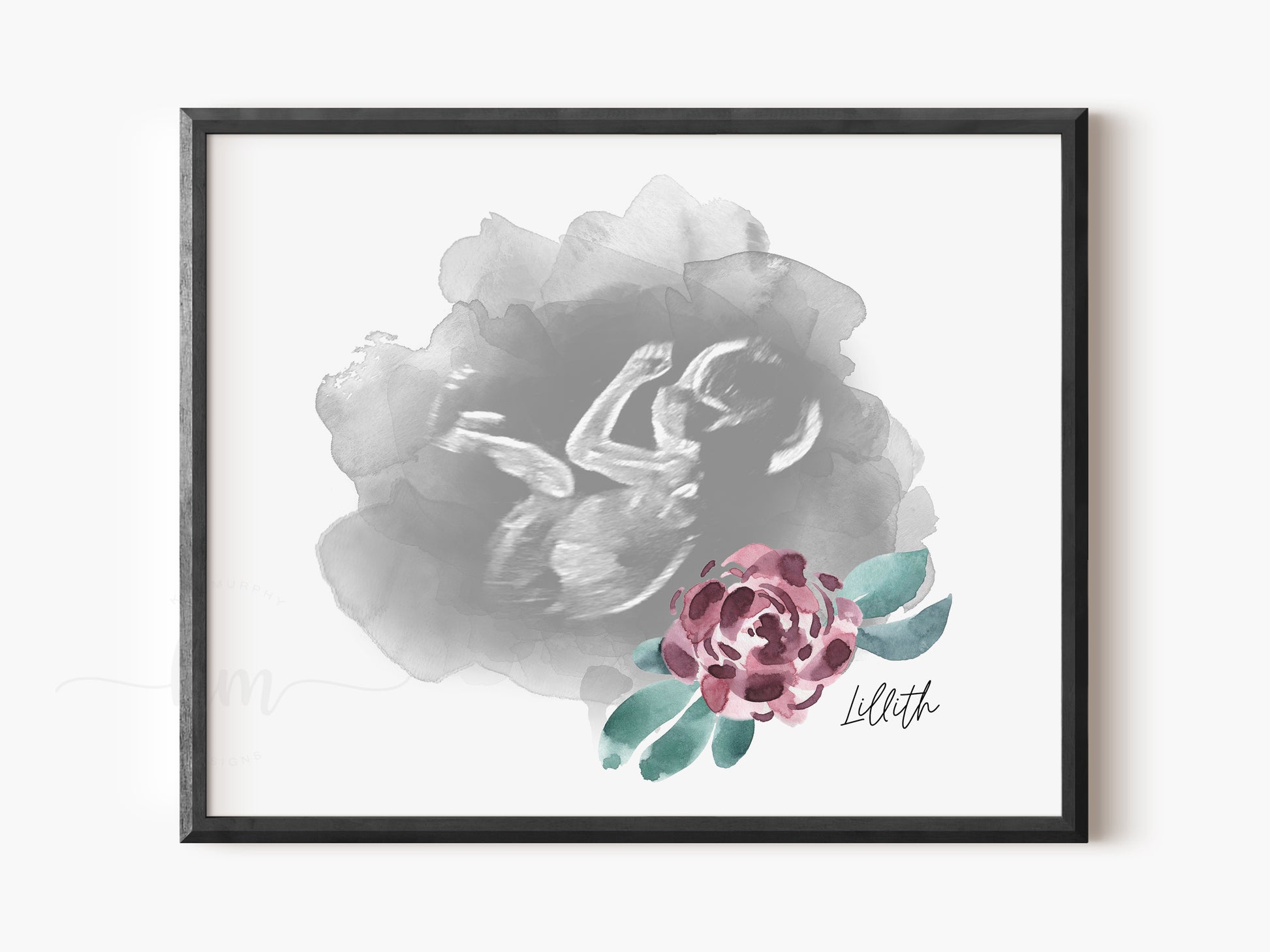 Personalized ultrasound flower keepsake featuring baby’s name and details

