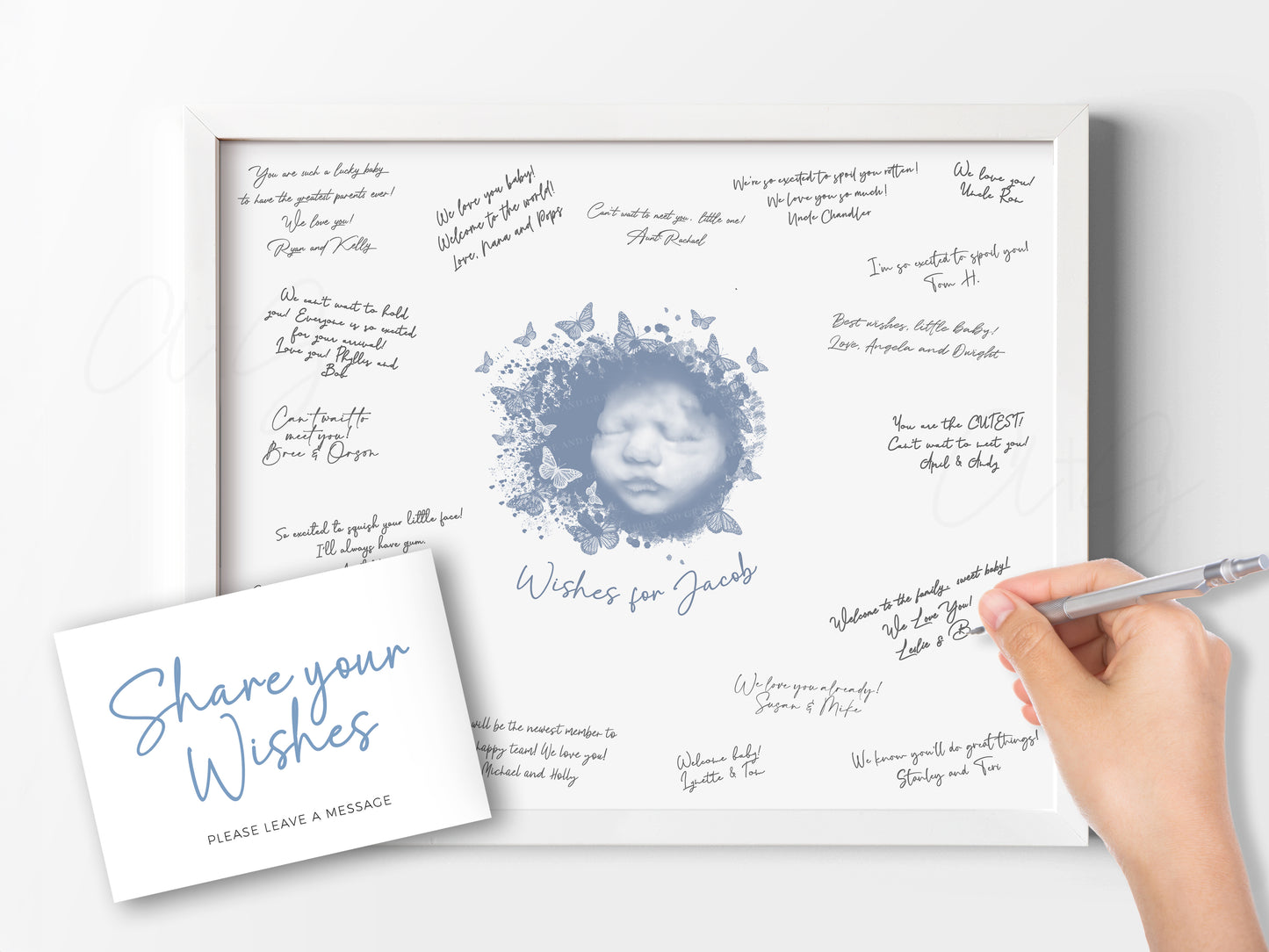 Baby Shower Guestbook Art with Butterflies Watercolor Ultrasound