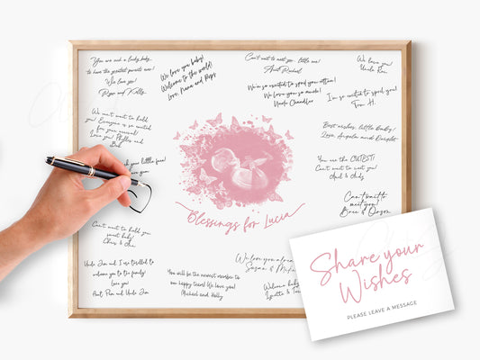 Baby Shower Guestbook Art with Butterflies Watercolor Ultrasound