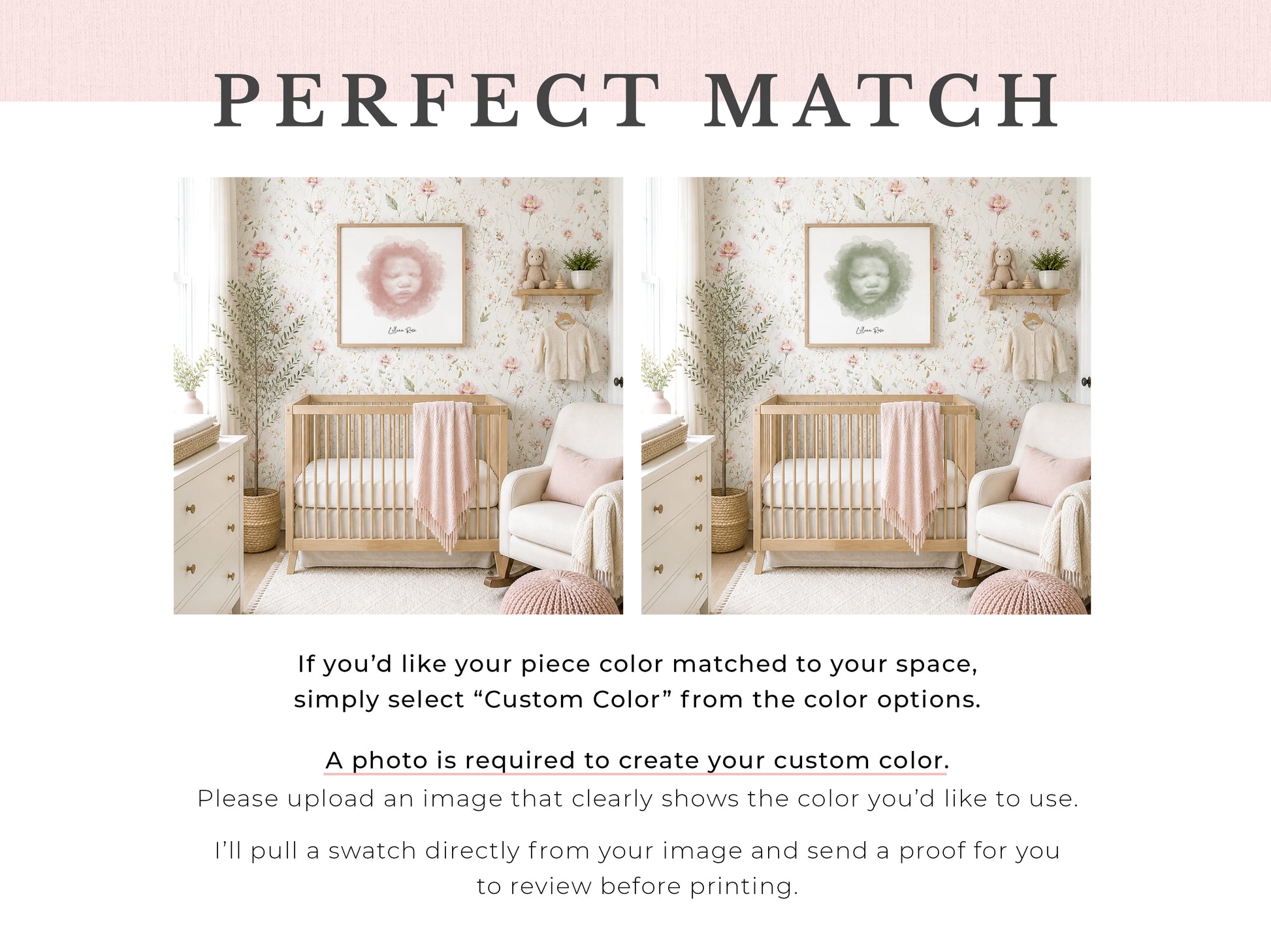 Abide and Grace custom color matching for ultrasound art, embryo art, and baby keepsake artwork, showing personalized watercolor designs color matched to nursery décor using customer photos.