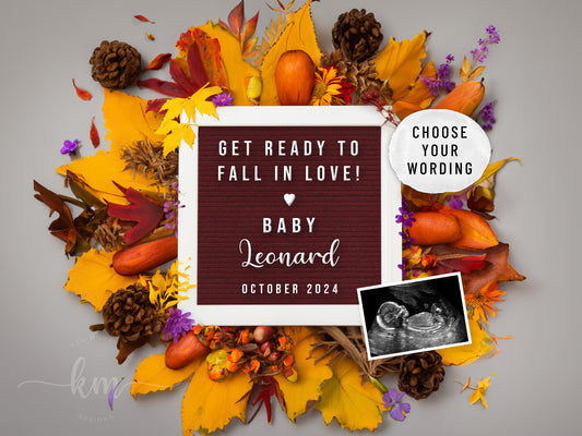 Fall floral wreath pregnancy announcement with ultrasound for sharing baby news

