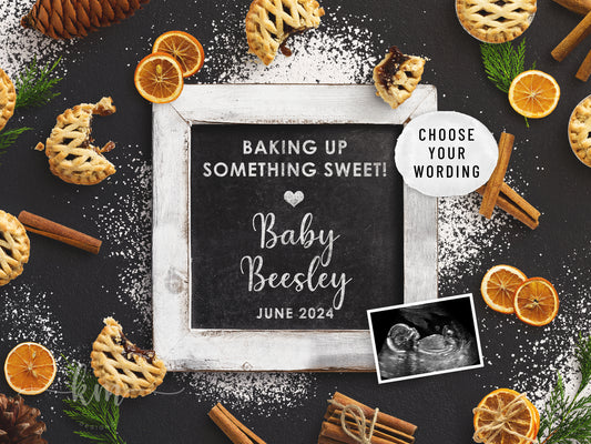 Baking-themed pregnancy announcement with ultrasound for sharing baby news


