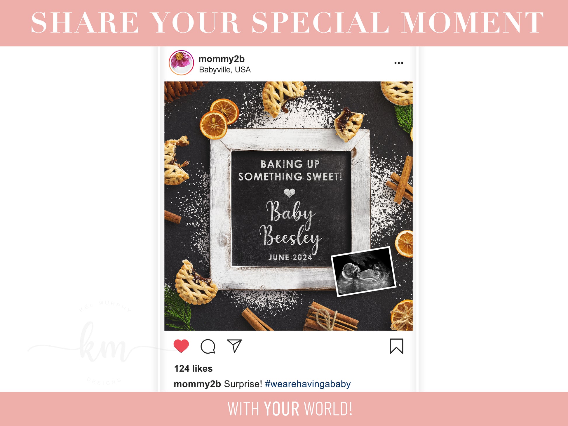 Personalized pregnancy announcement featuring flour and baked goods with custom wording

