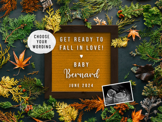 Fall leaves pregnancy announcement with ultrasound for sharing baby news

