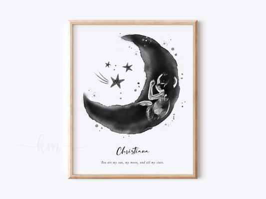 Moon and stars watercolor ultrasound art for baby loss or baby shower gift

