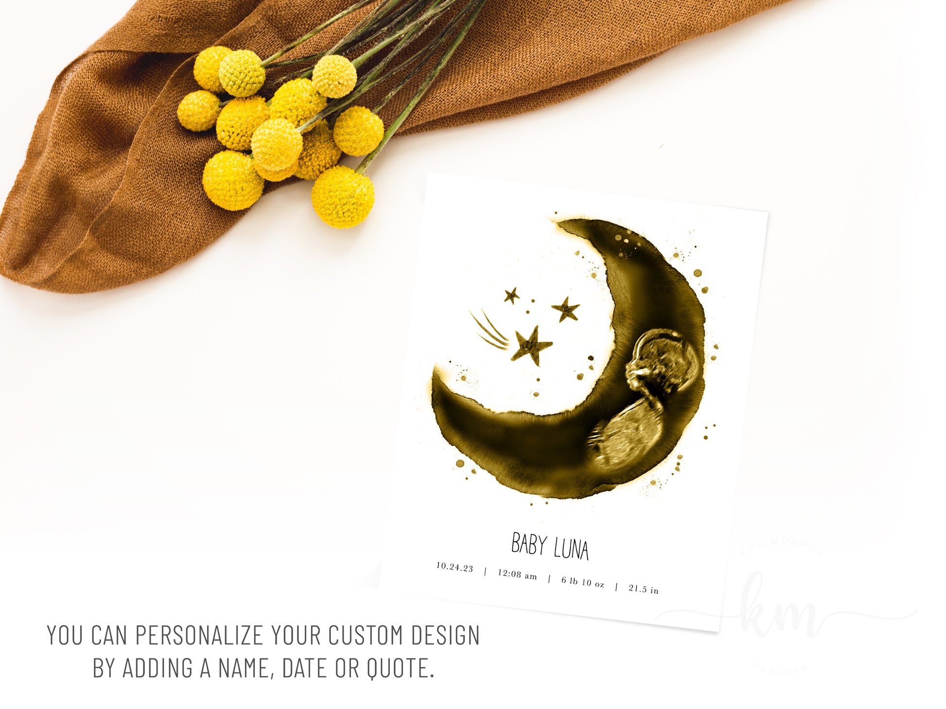 Moon and stars ultrasound art with option to add Bible verse or message

