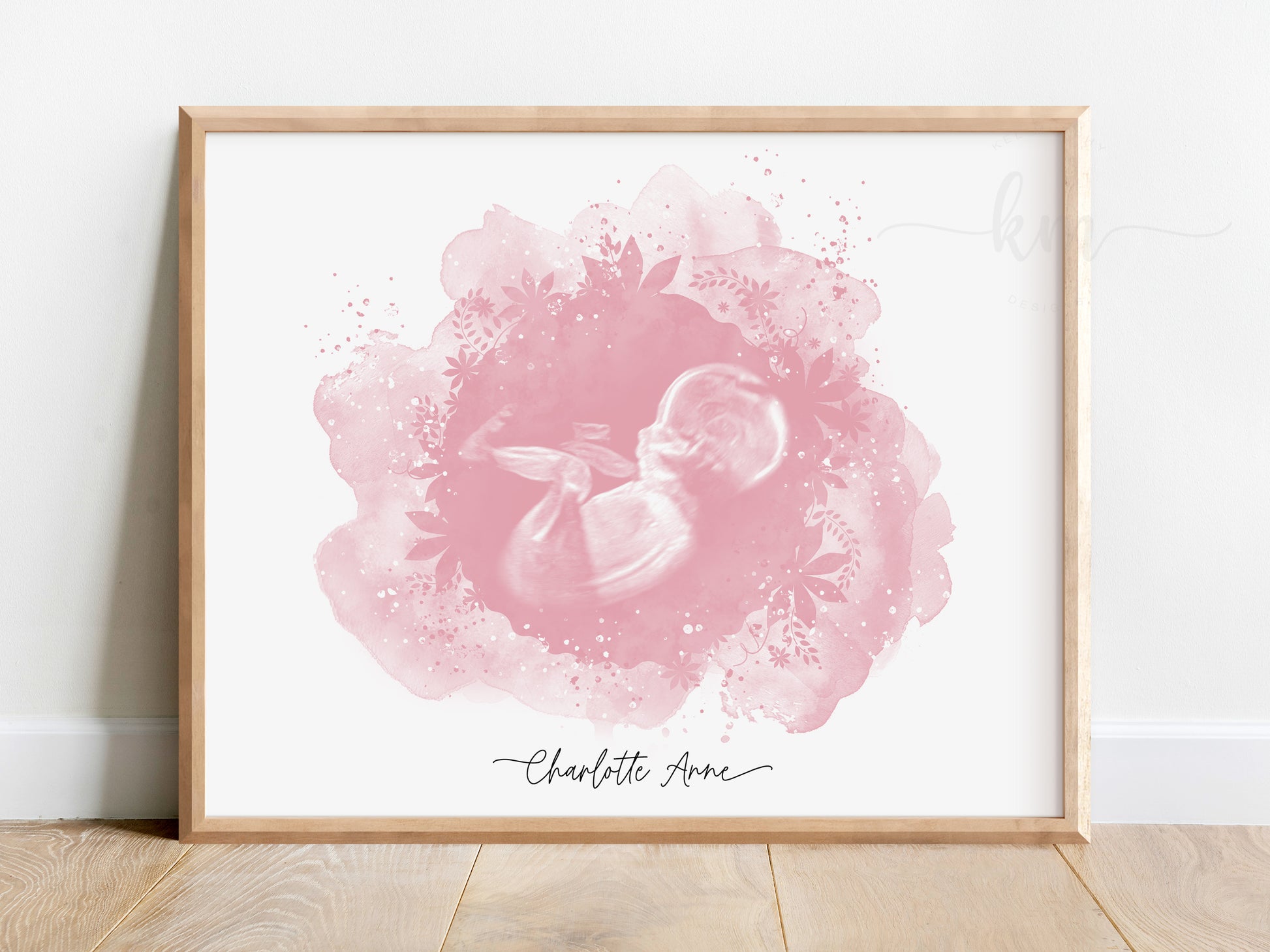 Floral watercolor ultrasound art for baby loss memorial or baby shower gift

