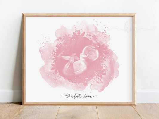 Floral watercolor ultrasound art for baby loss memorial or baby shower gift

