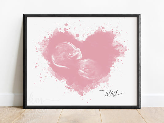 Watercolor splatter heart ultrasound art for baby loss memorial

