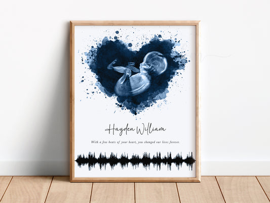 Watercolor splatter heart ultrasound art with heartbeat soundwave for baby loss memorial


