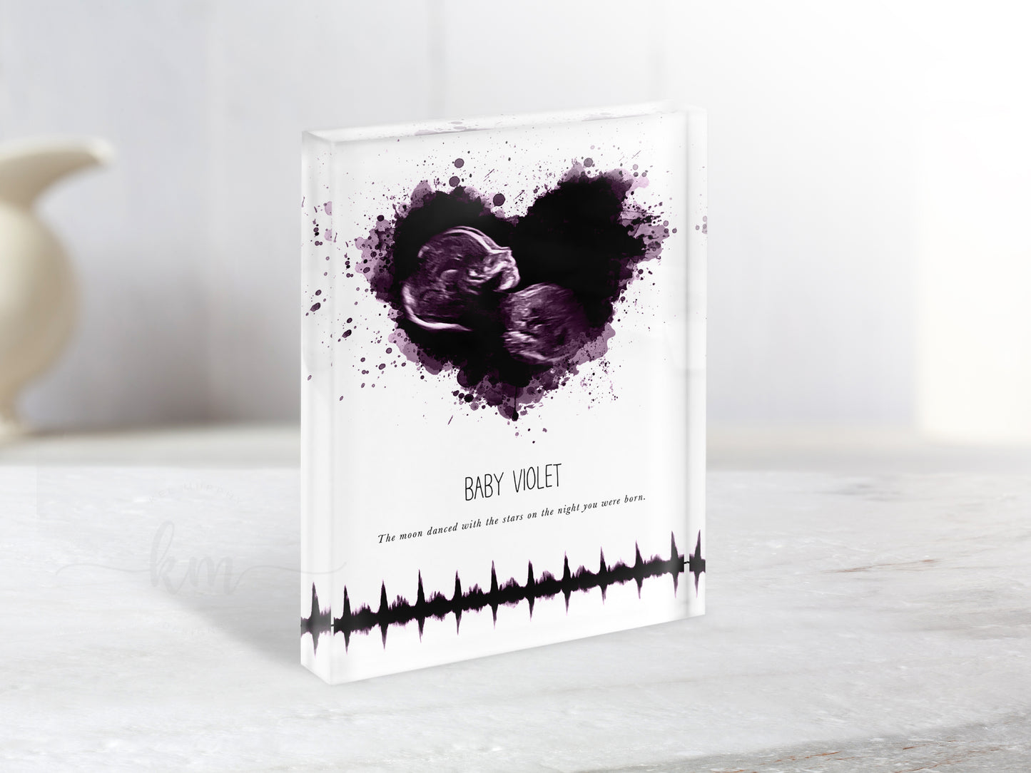 Watercolor splatter heart ultrasound design with heartbeat for meaningful baby shower gift

