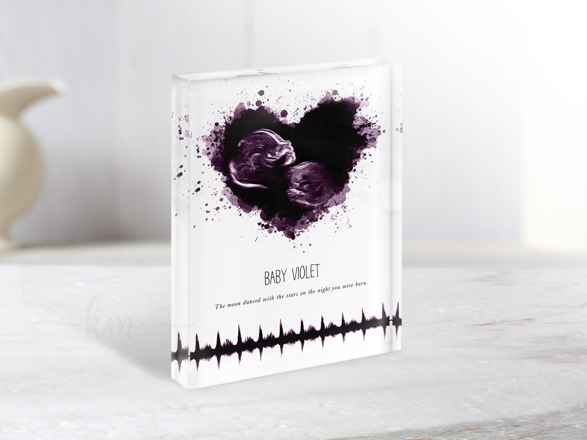 Watercolor splatter heart ultrasound design with heartbeat for meaningful baby shower gift

