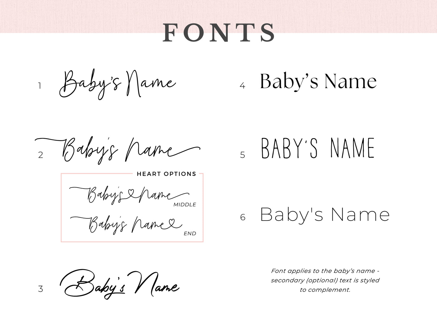 Abide and Grace font selection guide for custom baby keepsake art, showing six personalized name styles for ultrasound art, embryo art, baby memorial artwork, and nursery keepsakes, including optional heart accents.