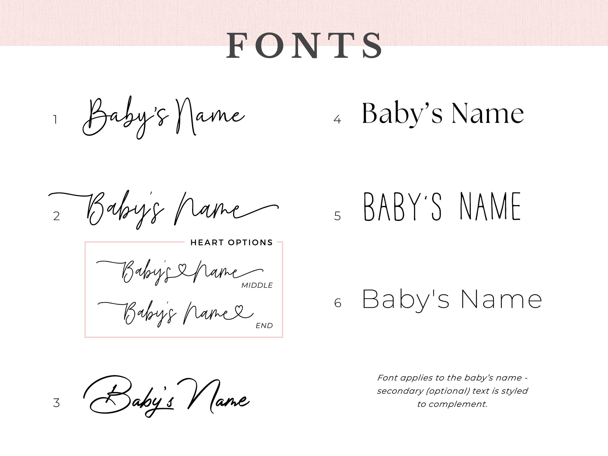 Abide and Grace font selection guide for custom baby keepsake art, showing six personalized name styles for ultrasound art, embryo art, baby memorial artwork, and nursery keepsakes, including optional heart accents.
