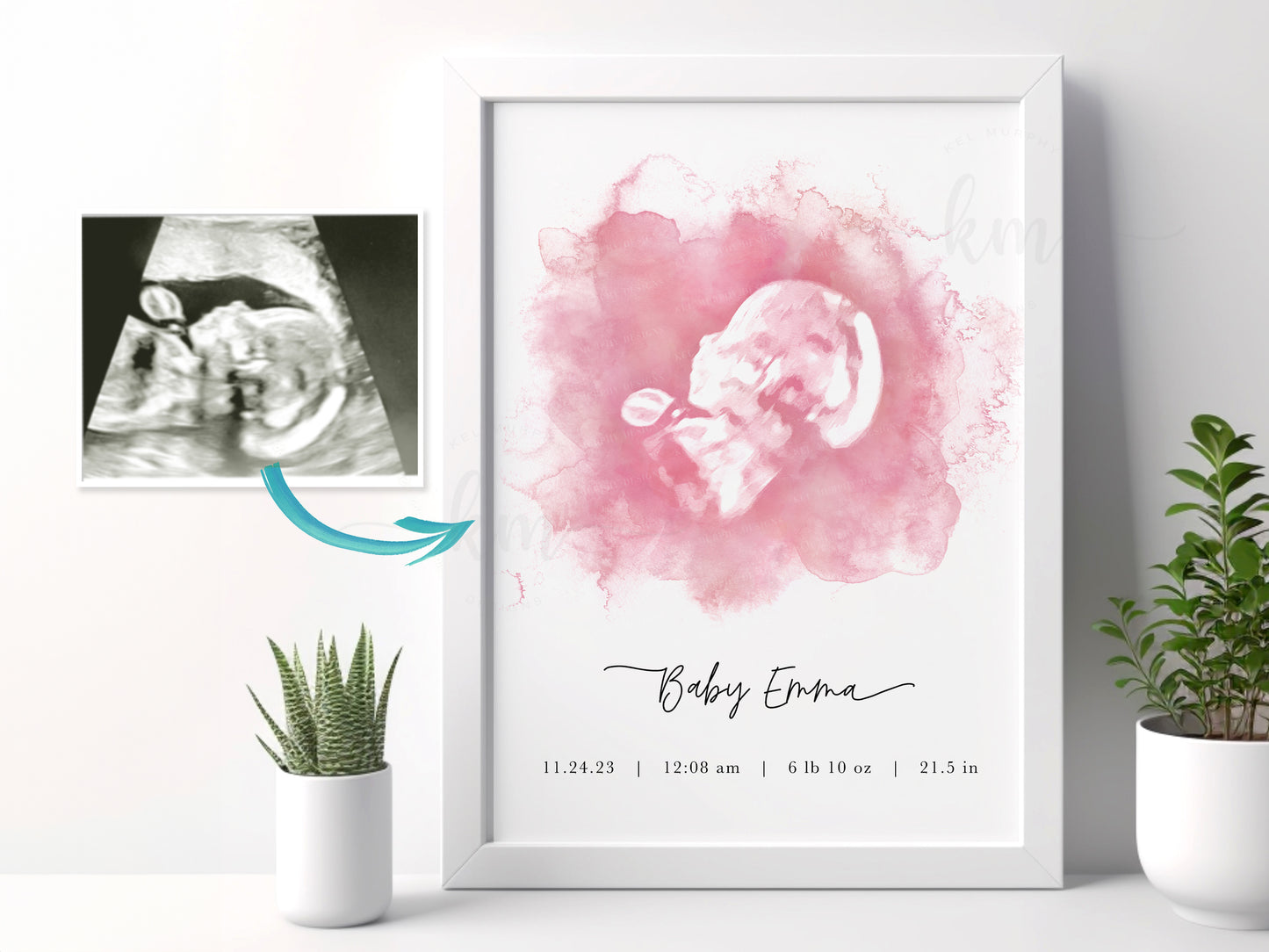 Personalized hand-painted ultrasound art with name and birth stats

