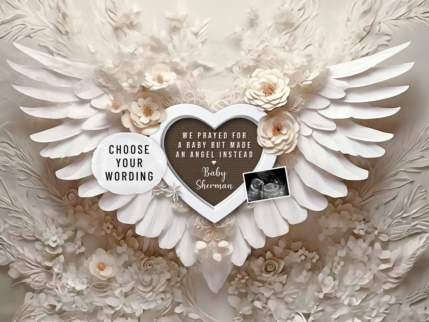 Boho floral baby loss and miscarriage announcement with angel wings and ultrasound photo

