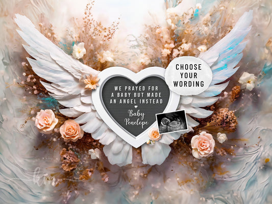 Peach roses baby loss announcement with angel wings for miscarriage or infant loss

