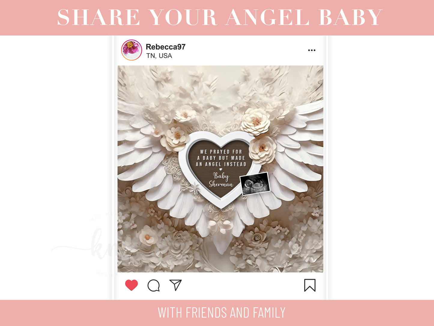 Personalized boho floral miscarriage announcement for baby loss with angel baby design

