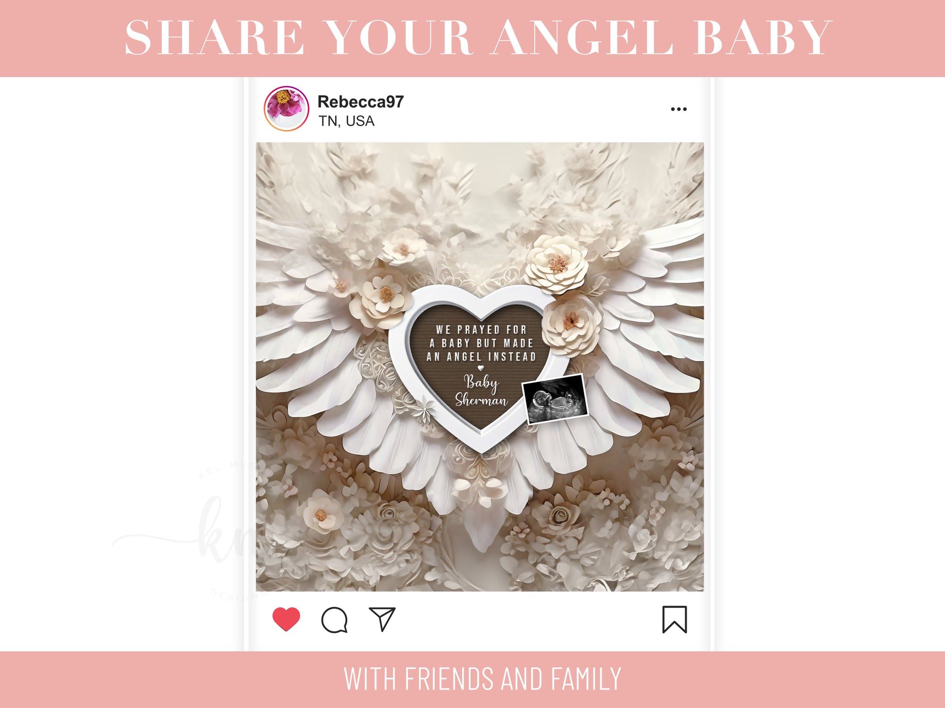 Personalized boho floral miscarriage announcement for baby loss with angel baby design

