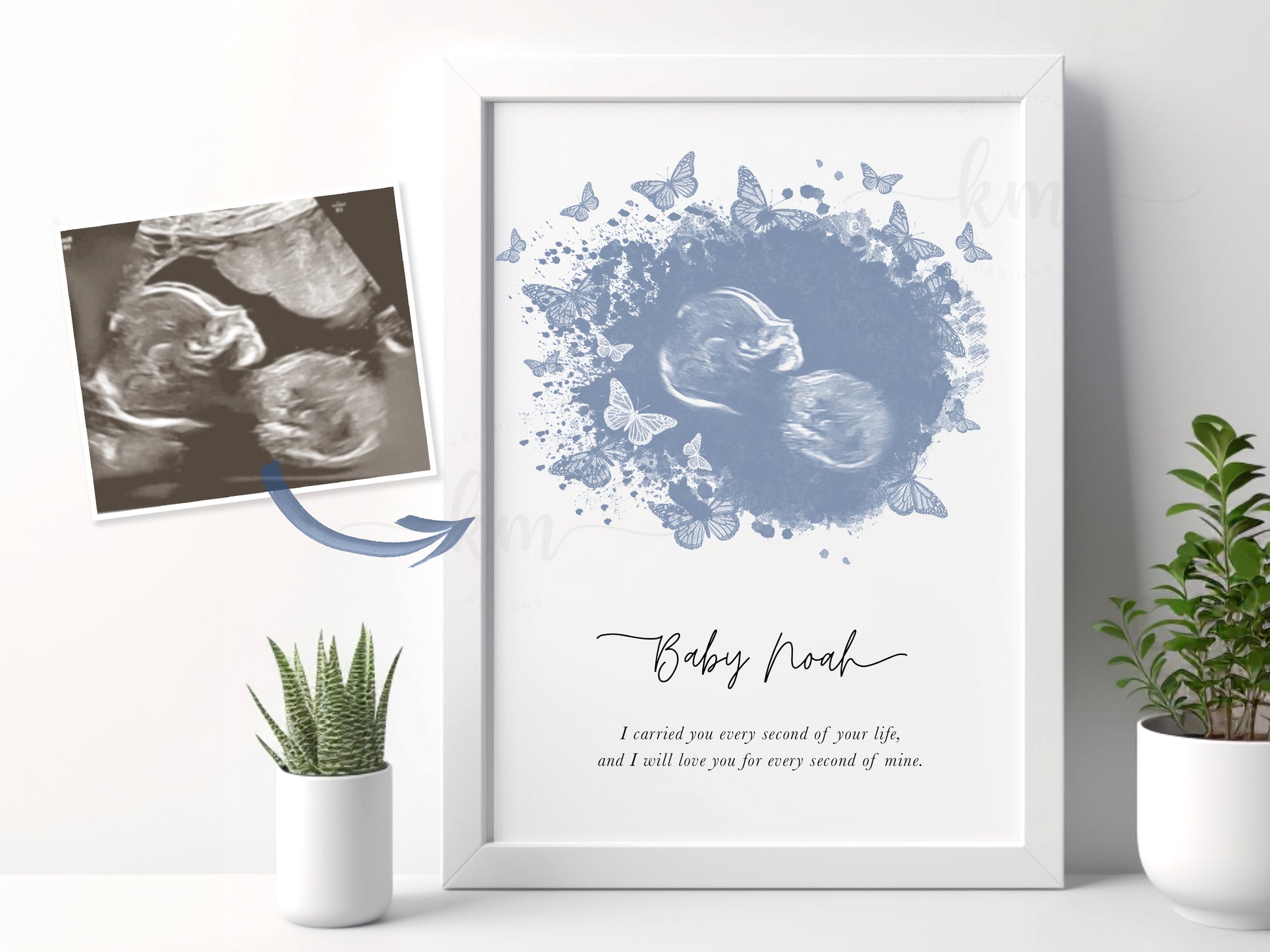 Before and after of ultrasound photo and final butterfly memorial art

